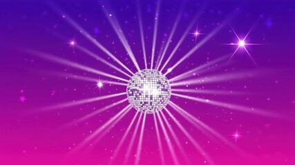 Retro Disco Ball with Radiant Light Beams on Purple Pink Gradient Background for Party Poster