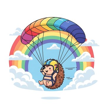 A happy hedgehog with a helmet floats under a colorful parachute with a rainbow in the background and clouds