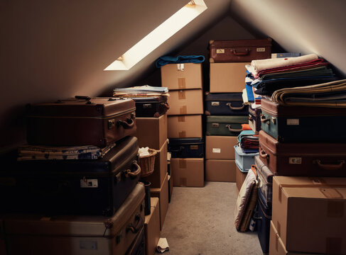 Attic filled with old suitcases and cardboard boxes. Storage clutter, vintage items, and forgotten belongings. Decluttering messy space, sorting old treasures for organization.