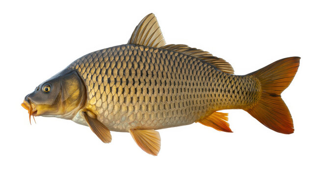 Single common carp fish with golden scales, isolated on a white background, side view
