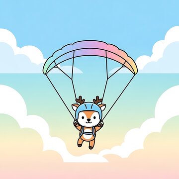 A cheerful cartoon deer in a skydiving helmet and harness descending gracefully under a colorful parachute amidst fluffy clouds