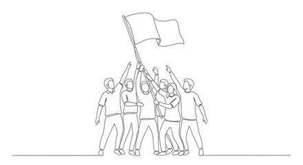 Obraz premium Teamwork victory: people holding up a flag in continuous line drawing style