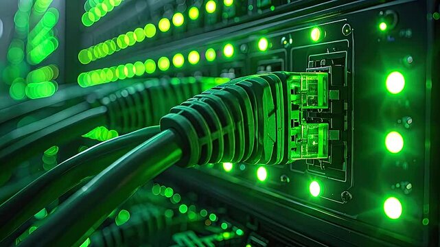 Close-up of a network cable plugged into a server rack with glowing green lights