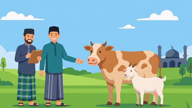 Flat vector illustration of Eid Al-Adha Qurban tradition with cow, goat, and Muslim characters