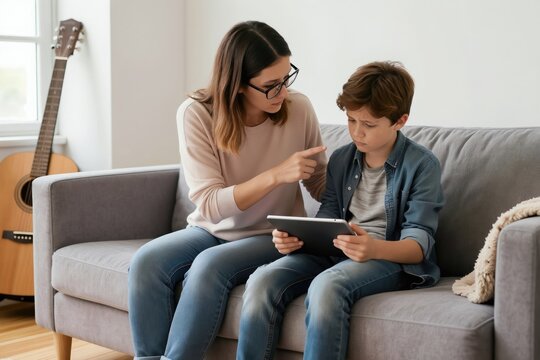Mother scolds boy holding tablet computer. Woman points finger, child looks unhappy. Parenting conflict at home on sofa. Family disagreement about screen time.