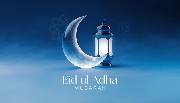 Blue and Silver Eid ul Adha Mubarak Greeting with Crescent Moon and Lantern