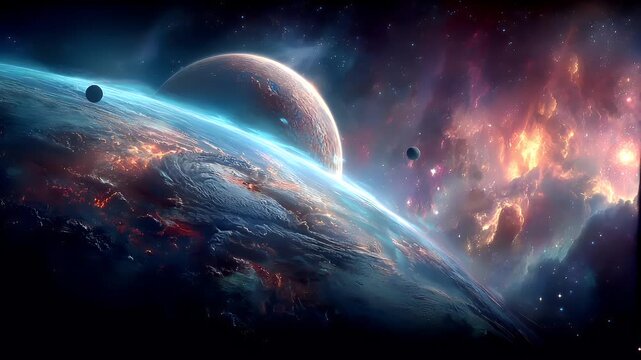 Space universe exploration, fantasy, mysterious. A vivid depiction of a cosmic scene depicts a planet with a radiant blue glow emanating from its surface.