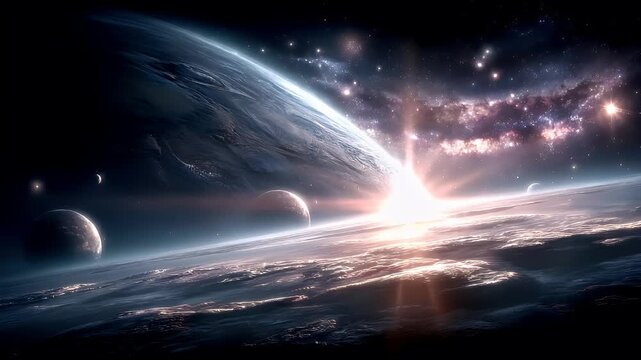Space universe exploration, fantasy, mysterious. A vivid depiction of a cosmic scene. The main subject is a large, detailed planet with a radiant glow emanating from its surface.