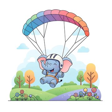 A cheerful cartoon elephant wearing a helmet and harness is parachuting against a background of green hills, trees, flowers, and fluffy clouds, enjoying the adventure