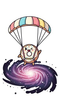 A cute, cartoon donut with sprinkles winks while skydiving above a colorful galaxy. It uses a striped parachute with a harness for a celestial adventure