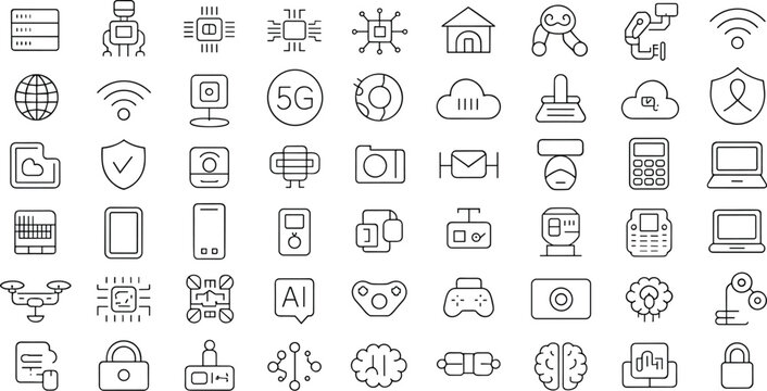 Technology Line Icon Set with IT Network 5G Communication Computer Chip Software Data Center and Device Symbols Collection