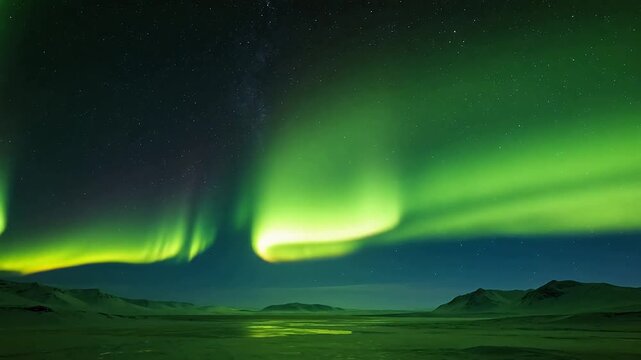 Northern lights over snowy mountains