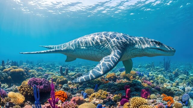 Prehistoric Pliosaur Marine Reptile Swimming Over a Vibrant Tropical Coral Reef Underwater