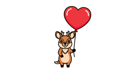 Fototapeta premium Adorable cartoon deer character holding a large red heart shaped balloon, Valentine's day concept illustration.