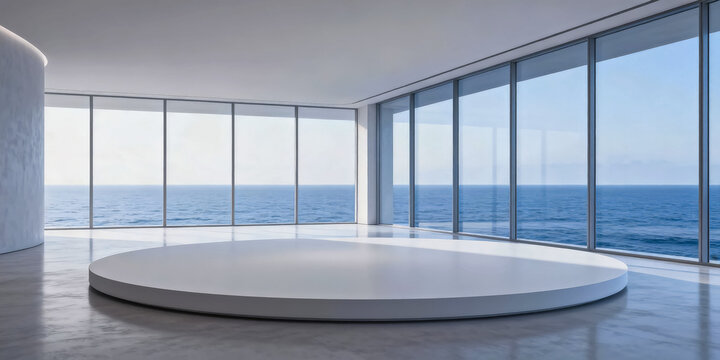 A minimalist modern empty ocean view exhibition hall interior, featuring a round white platform, floor-to-ceiling glass windows overlooking the blue sea under bright daylight.