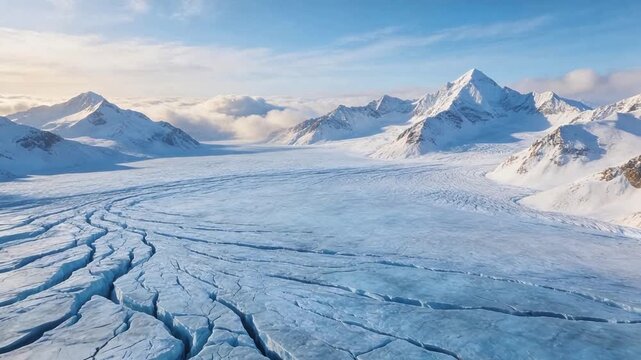 Snowy mountain glacier with cracks