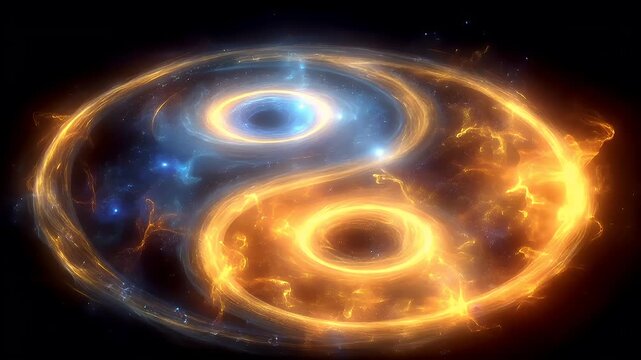 Yin Yang, Chinese philosophy, harmony, balance, Taoism. A vivid digital artwork depicts a cosmic scene. A swirling vortex of blue and orange hues, resembling a galaxy or nebula.