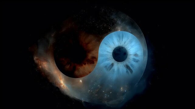 Yin Yang, Chinese philosophy, harmony, balance, Taoism. A vivid digital artwork depicts two celestial bodies, a human eye and a celestial body, against a cosmic backdrop.