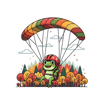 A cheerful cartoon frog paragliding above a colorful autumn forest, wearing a helmet and backpack, with fluffy clouds
