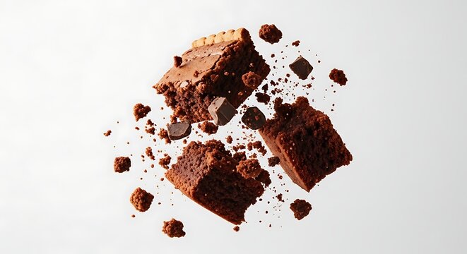 Brownie breaking apart with crumbs falling mid air, dynamic composition, freeze motion, and clean background, capturing rich texture and dramatic dessert action.