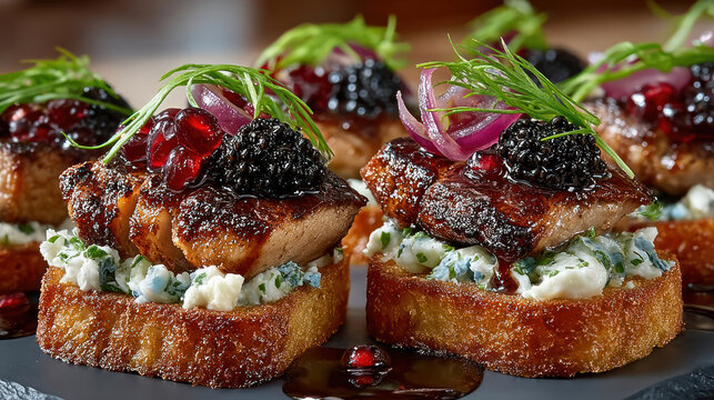 Gourmet crostini appetizers with glazed pork belly, blackberries, pomegranate and blue cheese on toasted bread