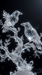 Obraz premium 氷の彫刻のように美しく輝く二羽のカラスとクリスタルの樹木