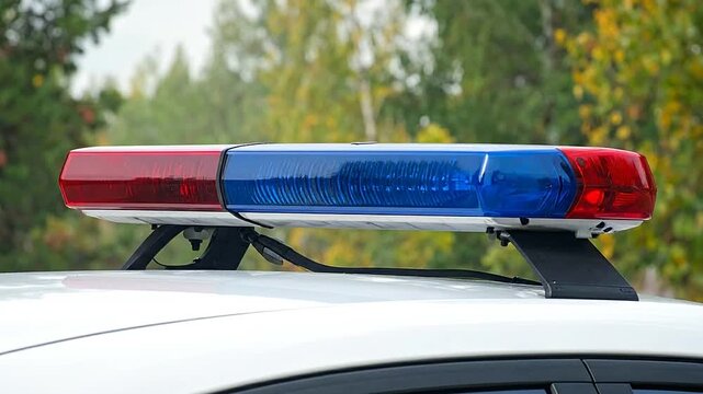 Emergency vehicle light bar with red and blue flashing lights on a vehicle roof