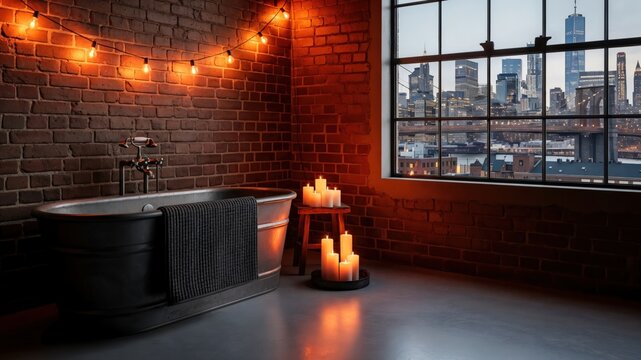Luxury Loft Bathroom with Bathtub and City Skyline View at Twilight