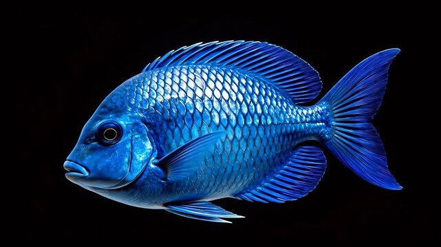 Blue fish with detailed scales on black background