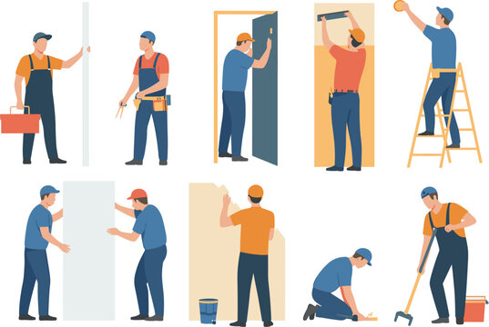 Construction workers set, professional builders painting repairing installing, flat vector illustration for renovation services