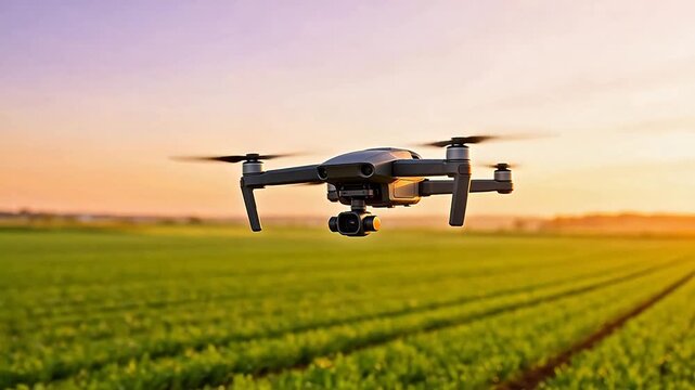 Drone flying over green field