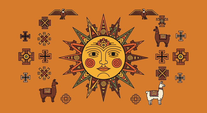 Inca Sun God Inti, Llama, Condor, and Symbols on Orange Background