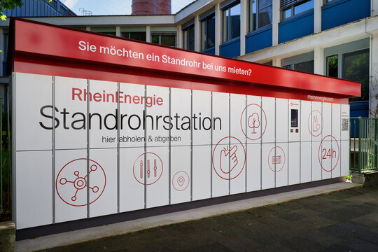 Cologne, Germany April 30 2026: Automated 24/7 pick-up station by RheinEnergie for renting standpipes in Cologne. An example of modern infrastructure and Smart City logistics