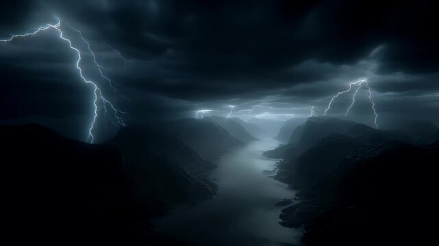 Fantasy wallpaper. A dramatic digital artwork depicts a dramatic scene of a lightning strike over a mountainous landscape. The sky is filled with dark, stormy clouds.