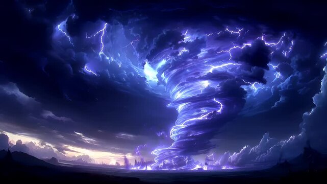 Fantasy wallpaper. A vivid digital artwork depicts a dramatic stormy sky. A swirling vortex of lightning strikes through the clouds, creating a mesmerizing visual effect.