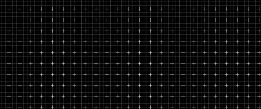 Seamless pattern micro cross grid blueprint, black surface. Small element geometry layout, interface wireframes dashboards planning pages engineering diagrams technology visuals. 