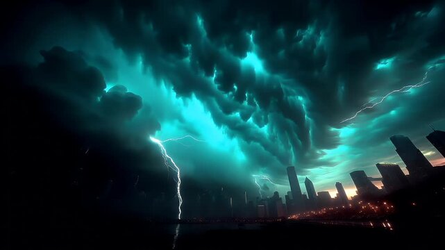 Fantasy wallpaper. A dramatic digital artwork depicts a cityscape at night. The sky is a tapestry of dark, stormy clouds, illuminated by a bright flash of lightning striking through them.