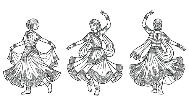Indian female dancers in traditional lehenga choli performing classical folk dance movements.