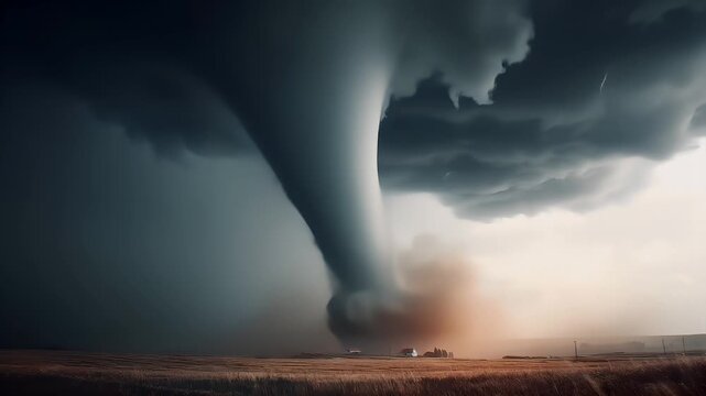 Tornado, twister, weather, natural disaster. A dramatic depiction of a tornado, captured during a storm. The sky is filled with dark, stormy clouds, and a distinct funnel cloud forms the center.