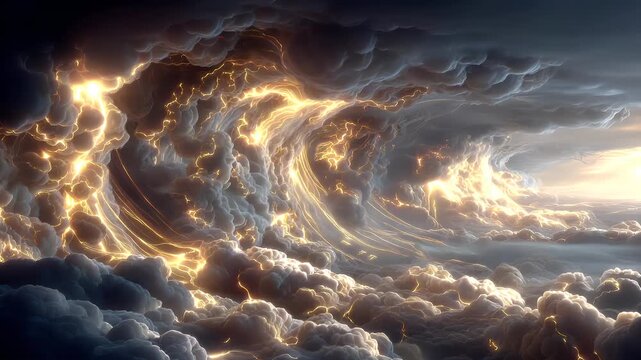 Fantasy wallpaper. A vivid digital artwork depicts a stormy sky. The main subject is a swirling vortex of fiery orange and yellow lightning bolts, creating a mesmerizing contrast against the dark.
