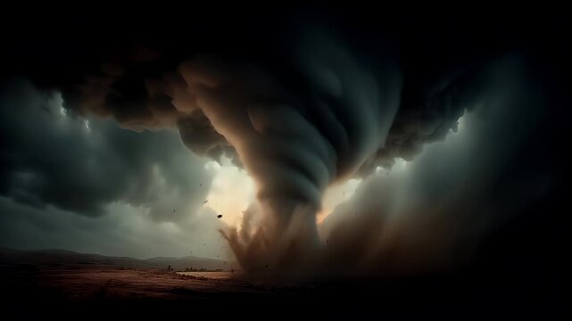 Tornado, twister, weather, natural disaster. A dramatic portrayal of a stormy landscape. A large, swirling cloud dominates the sky, with distinct layers of dark, stormy clouds and a bright.