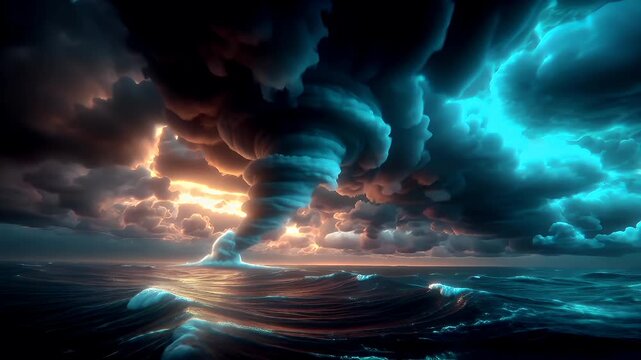 Tornado, twister, weather, natural disaster. A dramatic depiction of a stormy sea scene. A large, swirling cloud formation dominates the sky, illuminated by a fiery orange and yellow light source.