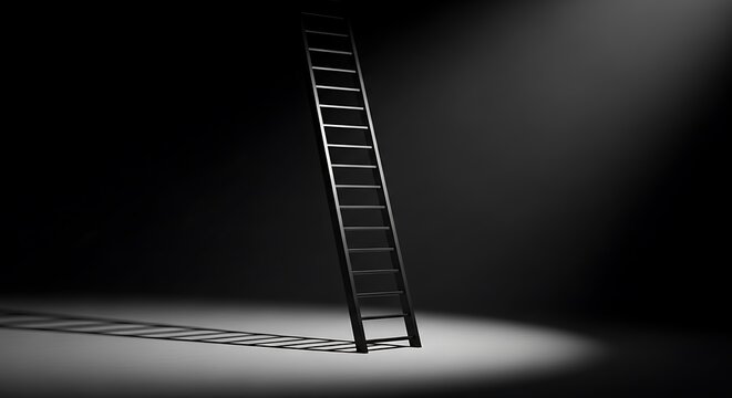 A tall black ladder standing alone in a dark room with a spotlight shining on it
