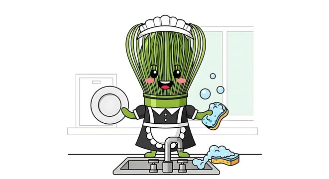 Animated depiction of a whisk character dressed as a maid, holding a plate & sponge, by a kitchen sink