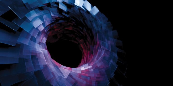 abstract image featuring a detailed view of a spiral tunnel composed of numerous translucent, rectangular geometric shapes against a stark black background Generative AI