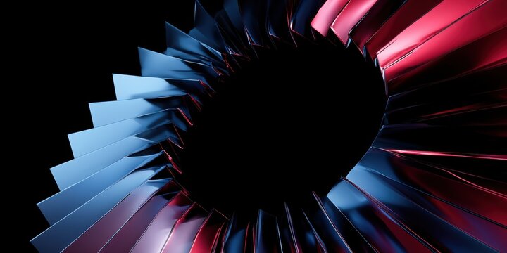 a circular composition formed by numerous shiny, metallic segments arranged in a spiral segments are angular and have a high degree of reflectivity, catching the red, pink, and blue Generative AI