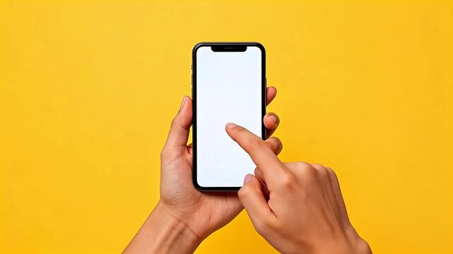 Hand holding smartphone against yellow background