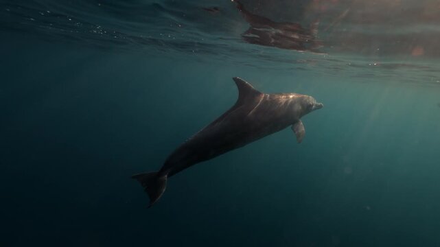A bottlenose dolphin rises gracefully to the ocean s surface to breathe, gliding through the open sea bathed in beautiful natural light. A serene and captivating moment in the wild marine world.