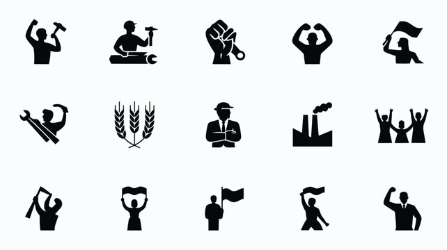 Collection of silhouetted icons representing labor protest industry and celebration with diverse symbols of workers flags wheat and factories on a clean white background grid