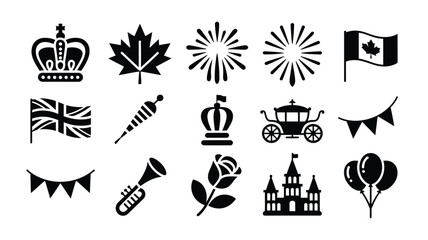 Obraz premium Collection of canadian national symbols and celebration icons in clean minimalist flat design style featuring crown maple leaf fireworks flags carriage bunting trumpet rose castle